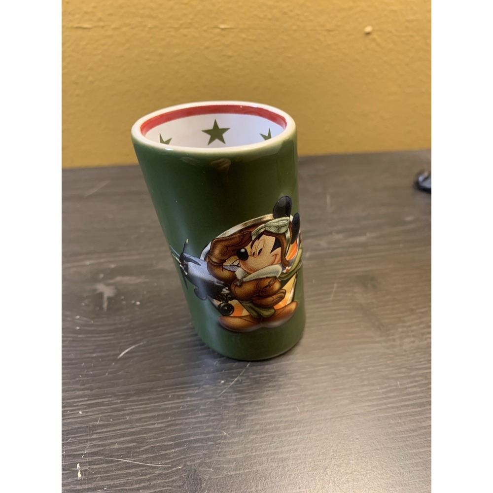 DISNEY 3" Green Ceramic Tilted SHOT GLASS Aviator Mickey Ready for Take Off